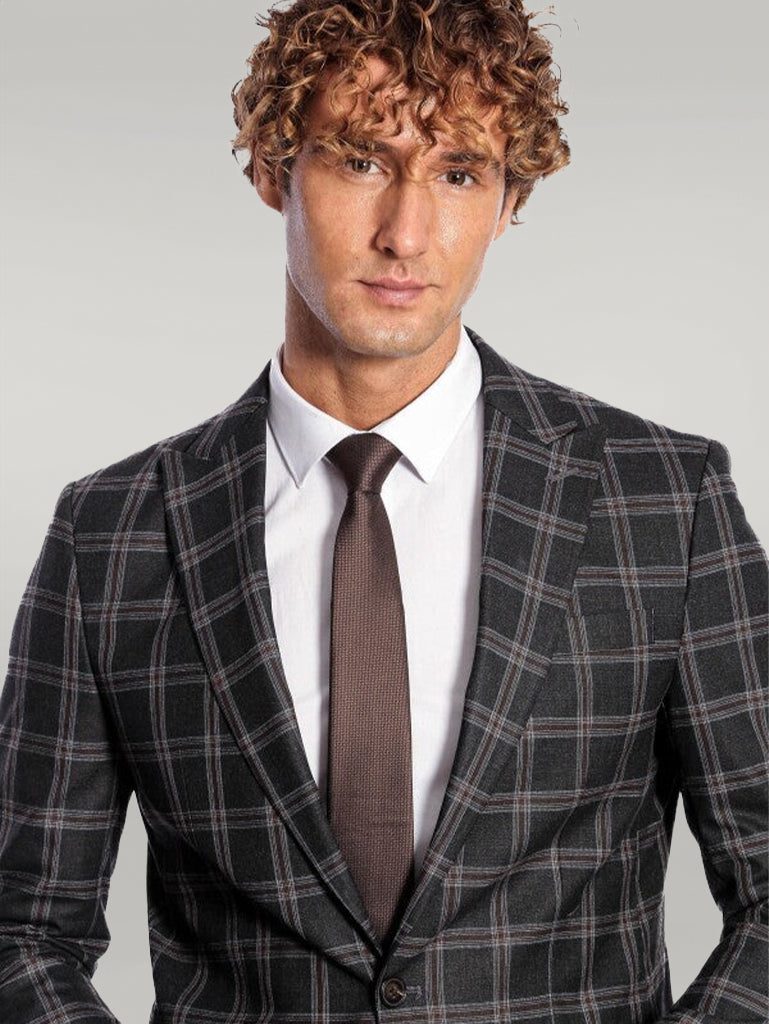 Tea Black Slim Fit Notch Lapel Men's Plaid Wool Blazer main image 0