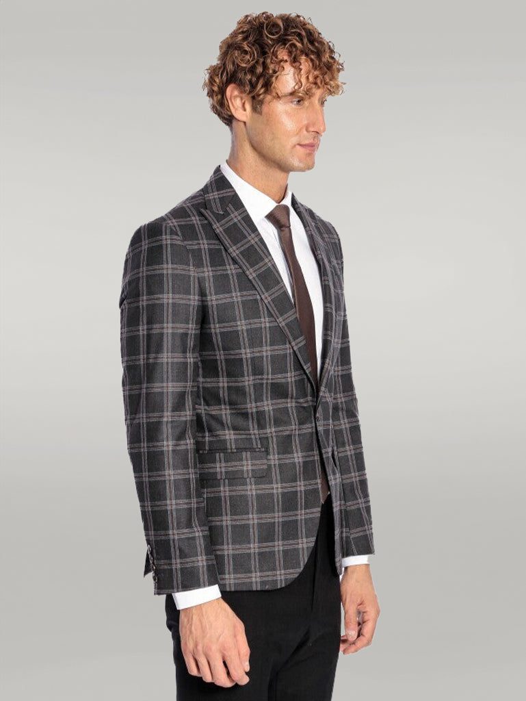 Tea Black Slim Fit Notch Lapel Men's Plaid Wool Blazer main image 1
