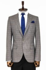 Slim Fit Peak Lapel Checked Grey Men Blazer
