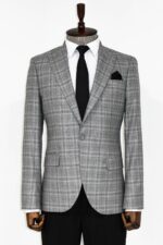 Slim Fit Peak Lapel Checked Grey Men Blazer