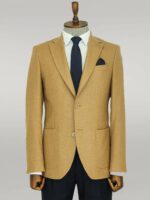 Slim Fit Plain Wide Lapel Tan Men Wool Blazer