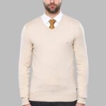 Slim Fit V Neck Long Sleeve Beige Men Knitwear