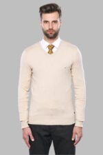 Slim Fit V Neck Long Sleeve Beige Men Knitwear