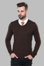 Slim Fit V Neck Long Sleeve Brown Men Knitwear