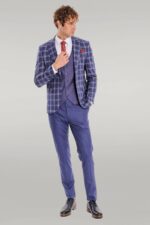 Slim-Fit-Vested-Peak-Lapel-Checked-Navy-Blue-Men-Combination-Suit-1