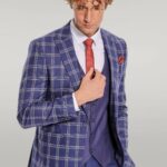 Slim Fit Vested Peak Lapel Checked Navy Blue Men Combination Suit