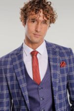 Slim-Fit-Vested-Peak-Lapel-Checked-Navy-Blue-Men-Combination-Suit-2
