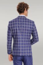 Slim-Fit-Vested-Peak-Lapel-Checked-Navy-Blue-Men-Combination-Suit-3