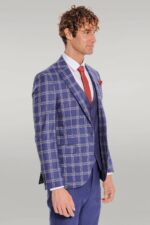 Slim-Fit-Vested-Peak-Lapel-Checked-Navy-Blue-Men-Combination-Suit-4
