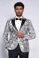 Slim Fit Zebra Patterned White Men Party Blazer