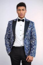 Sparkling Ivy Patterned Slim Fit Blue Men Evening Tuxedo Jacket