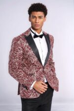 Sparkling Ivy Patterned Slim Fit Burgundy Men Evening Tuxedo Jacket