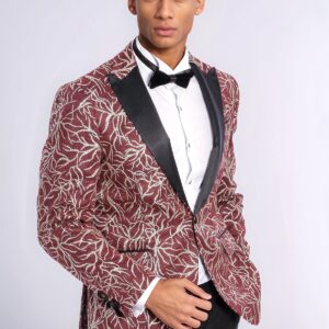 Sparkling Ivy Patterned Slim Fit Burgundy Men Evening Tuxedo Jacket - Wessi