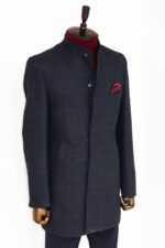 Standing-Collar-Checked-Navy-Blue-Men-Coat-Wessi-3