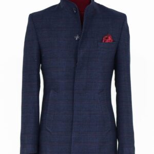 Standing Collar Checked Navy Blue Men Coat - Wessi