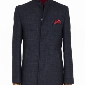 Standing Collar Checked Navy Blue Men Coat - Wessi
