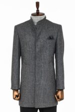 Standing Collar Patterned Grey Men Coat