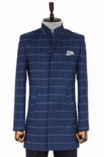 Standing Collar Plaid Blue Men Coat