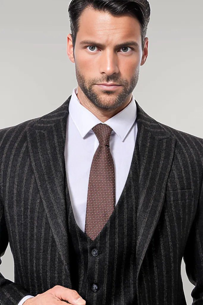 Striped Black Slim-Fit Vested Men's Suit