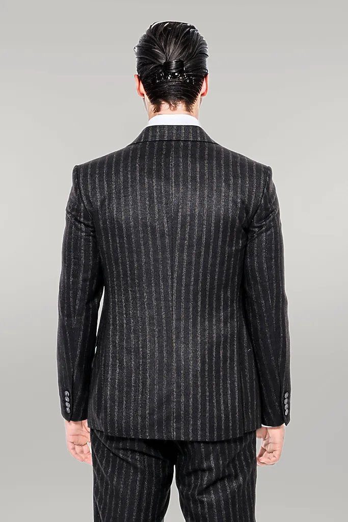 Striped Black Slim-Fit Vested Men's Suit