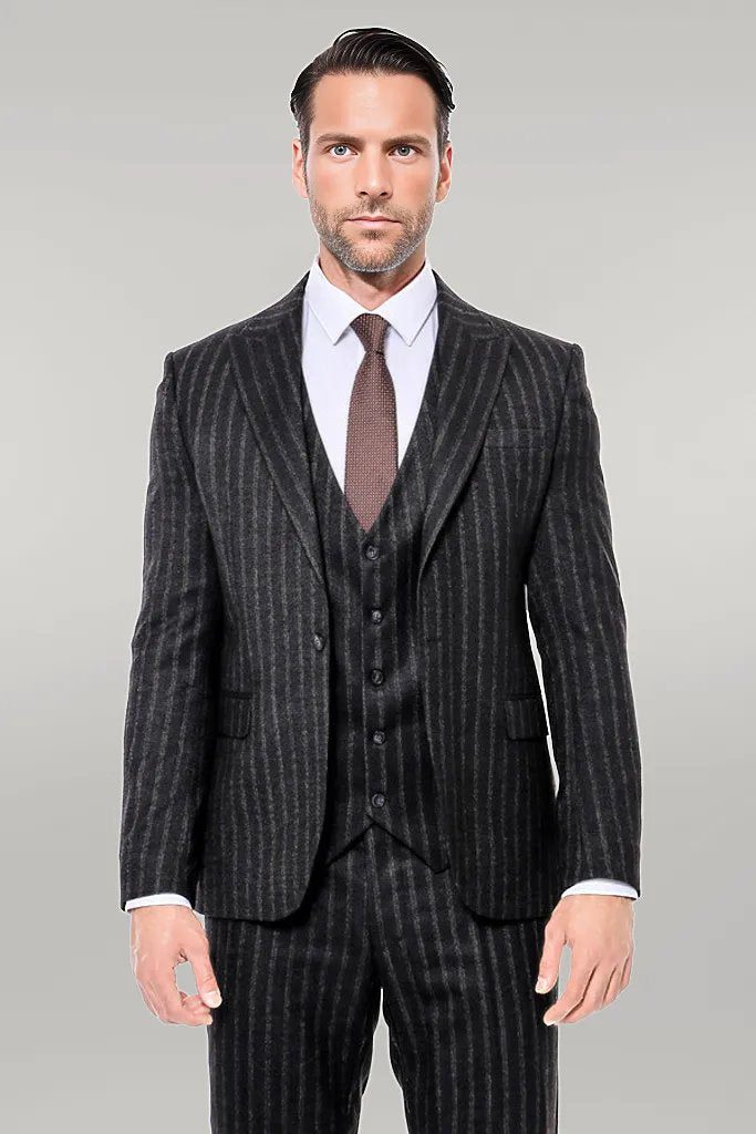 Striped Black Slim-Fit Vested Men's Suit