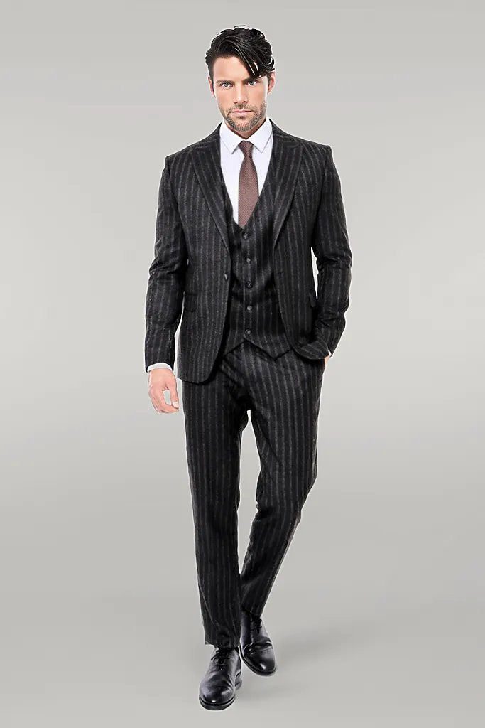 Striped Black Slim-Fit Vested Men's Suit