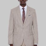 Striped Blazer Plain Pants Beige Men Suit - Wessi
