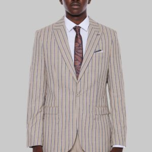 Striped Blazer Plain Pants Beige Men Suit - Wessi