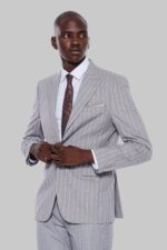 Striped Blazer Plain Pants Grey Men Suit