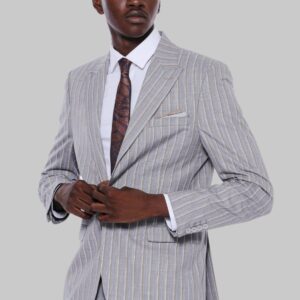 Striped Blazer Plain Pants Grey Men Suit - Wessi