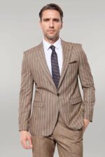 Striped Blazer Plain Pants Light Brown Men Suit