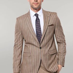 Striped Blazer Plain Pants Light Brown Men Suit - Wessi