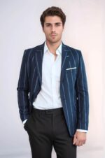 Striped Dark Blue Slim-Fit Blazer