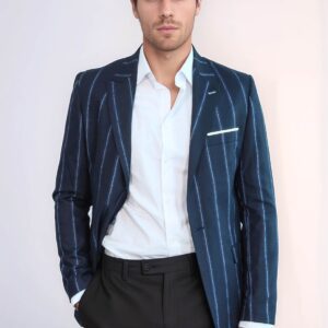 Striped Dark Blue Slim-Fit Blazer - Wessi