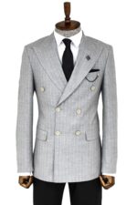 Striped Double Breasted Grey Men Blazer