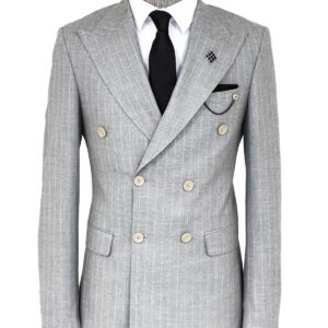 Striped Double Breasted Grey Men Blazer - Wessi