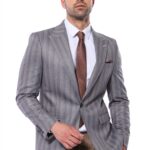 Striped Slim Fit Men Grey Blazer - Wessi