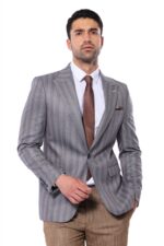 Striped Slim Fit Men Grey Blazer