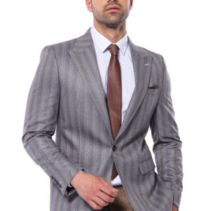 Striped Slim Fit Men Grey Blazer - Wessi