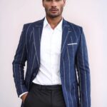 Striped Slim-Fit Navy Blue Men Blazer - Wessi