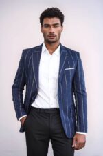 Striped Slim-Fit Navy Blue Men Blazer