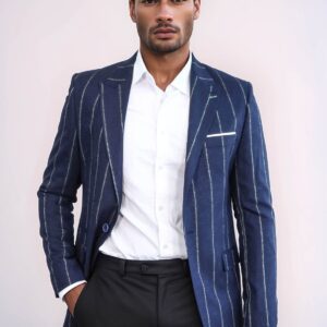 Striped Slim-Fit Navy Blue Men Blazer - Wessi