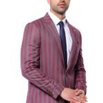 Striped Slim Fit Single Button Burgundy Men Blazer - Wessi