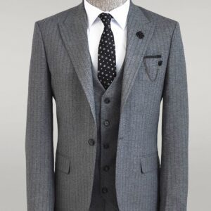 Striped Vested Grey Men's Suit    - Wessi