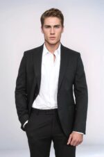 Textured Slim Fit Peak Lapel Black Men Blazer