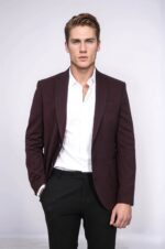 Textured Slim Fit Peak Lapel Burgundy Men Blazer