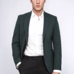 Textured Slim Fit Peak Lapel Green Men Blazer - Wessi