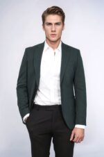 Textured Slim Fit Peak Lapel Green Men Blazer