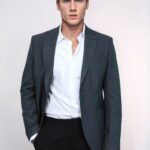 Textured Slim Fit Peak Lapel Grey Men Blazer - Wessi
