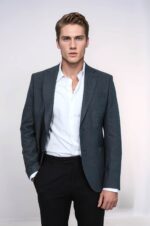 Textured Slim Fit Peak Lapel Grey Men Blazer